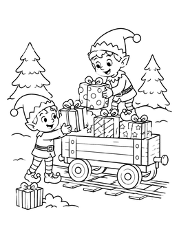 A festive christmas train coloring page showing two happy elves loading wrapped presents onto a flatcar.