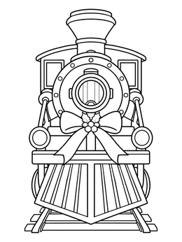 Front view of an engine on tracks in this christmas train coloring page.