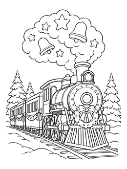 A decorated steam locomotive puffs festive smoke in this christmas train coloring page.