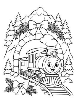 A cheerful christmas train coloring page showing an engine rolling out of a decorated mountain tunnel.