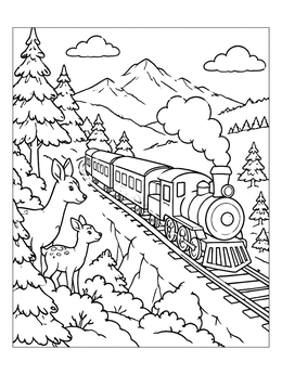 A steam locomotive rides through snowy hills in this christmas train coloring page with deer.