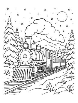 A vintage christmas train coloring page rolling through a snowy mountain landscape under a starry sky.