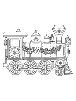 Classic steam engine on this christmas train coloring page adorned with pine garland and snowflake filigree.