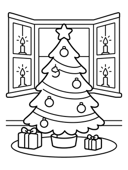 A cheerful christmas tree coloring page framed by a cozy bay window with glowing candles.