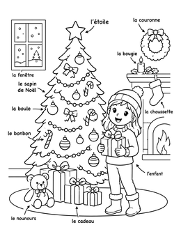 A smiling child holding a gift near a decorated tree in this educational French Christmas coloring page.