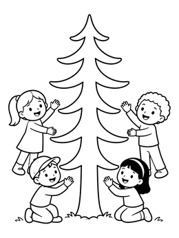 Kids gather happily around a tall fir in this christmas tree coloring page.