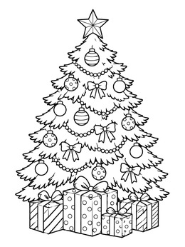 Festive christmas tree coloring page with ornaments, bows, garlands, and patterned presents.