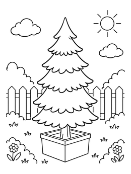 A potted evergreen tree in a sunny garden on this christmas tree coloring page.