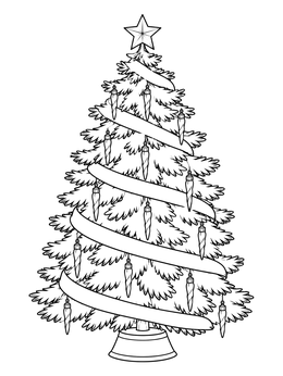 A detailed christmas tree coloring page decorated with swirling ribbon and hanging icicle ornaments.