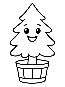 Free printable Happy Pine Tree In A Wooden Bucket coloring page