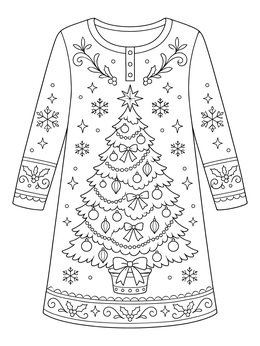 A cozy holiday nightshirt with a decorated tree on this christmas pajamas coloring page.