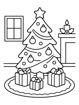 A festive rug coloring page with a decorated Christmas tree and gifts.