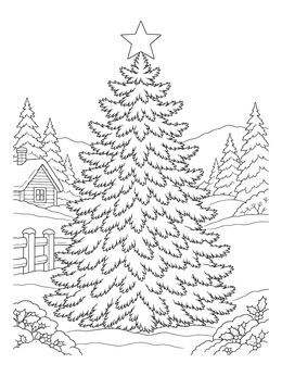 A detailed christmas tree coloring page featuring a tall pine crowned with a star in a snowy landscape.