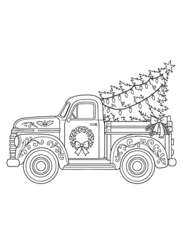 A vintage truck carries a lit tree in this christmas tree coloring page.