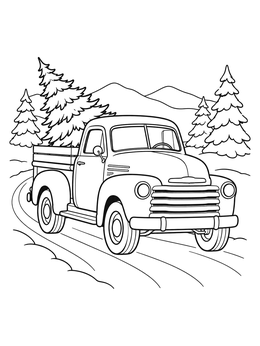 Vintage pickup carrying a pine tree on this christmas tree coloring page with mountain scenery.