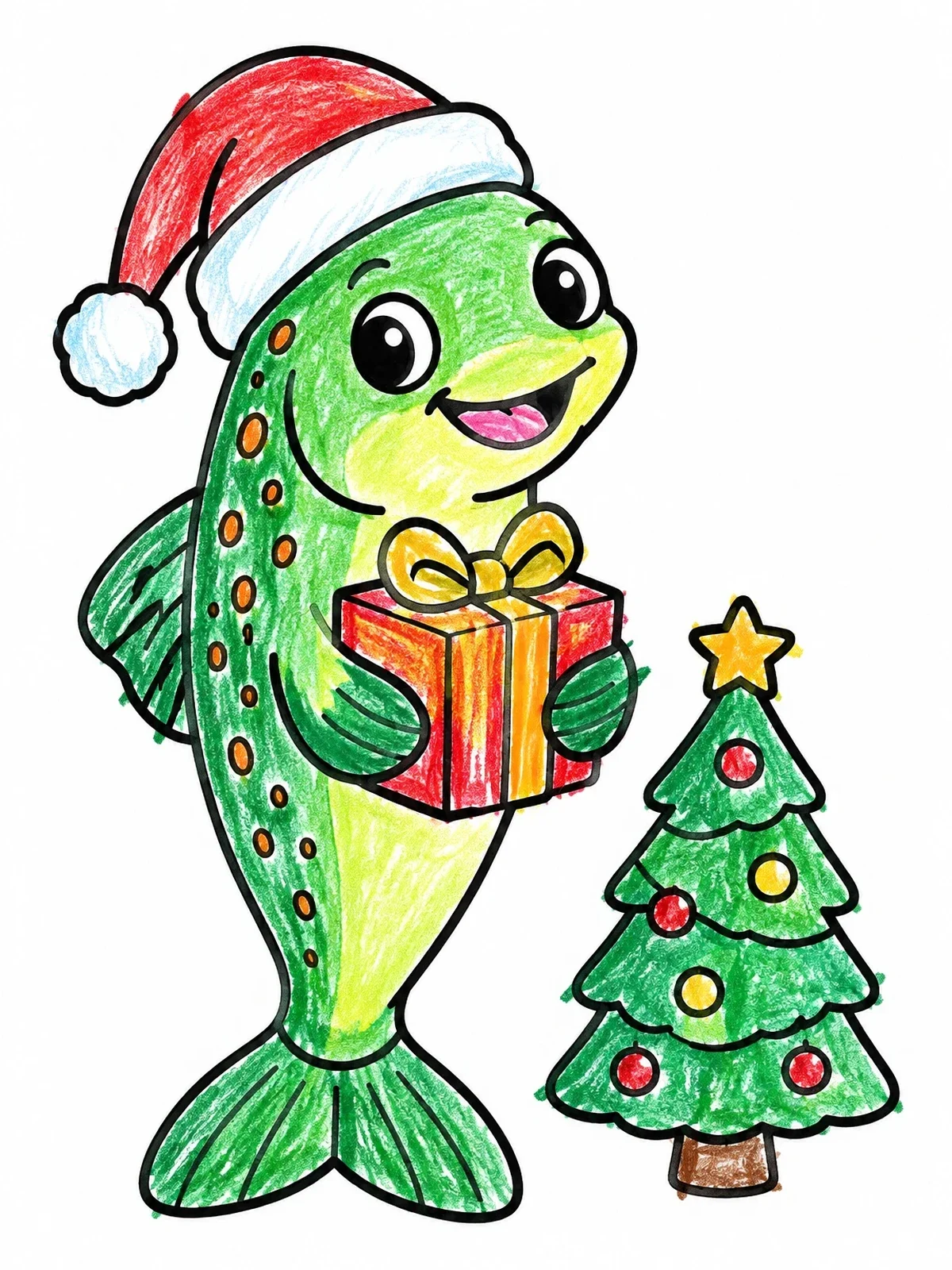 Colored example of the Festive Christmas Trout With Gift coloring page