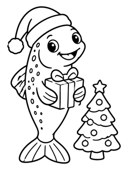 Free printable Festive Christmas Trout With Gift coloring page