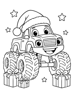 A smiling monster truck wearing a Santa hat surrounded by gifts on this christmas truck coloring page.
