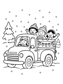 Free printable Happy Children In Winter Pickup Truck coloring page