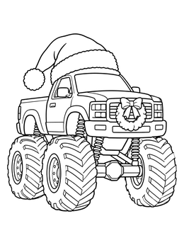 A lifted 4x4 vehicle in this christmas truck coloring page wearing a Santa hat and wreath.
