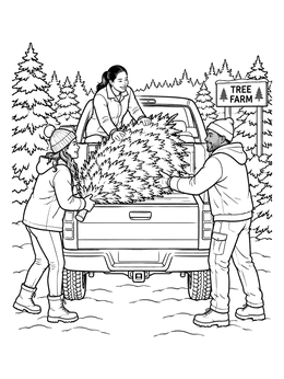 People load an evergreen into a pickup in this christmas truck coloring page.