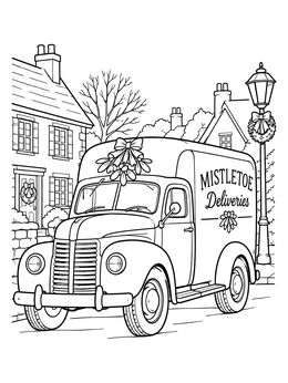 Vintage van on a cozy village street in this christmas truck coloring page.