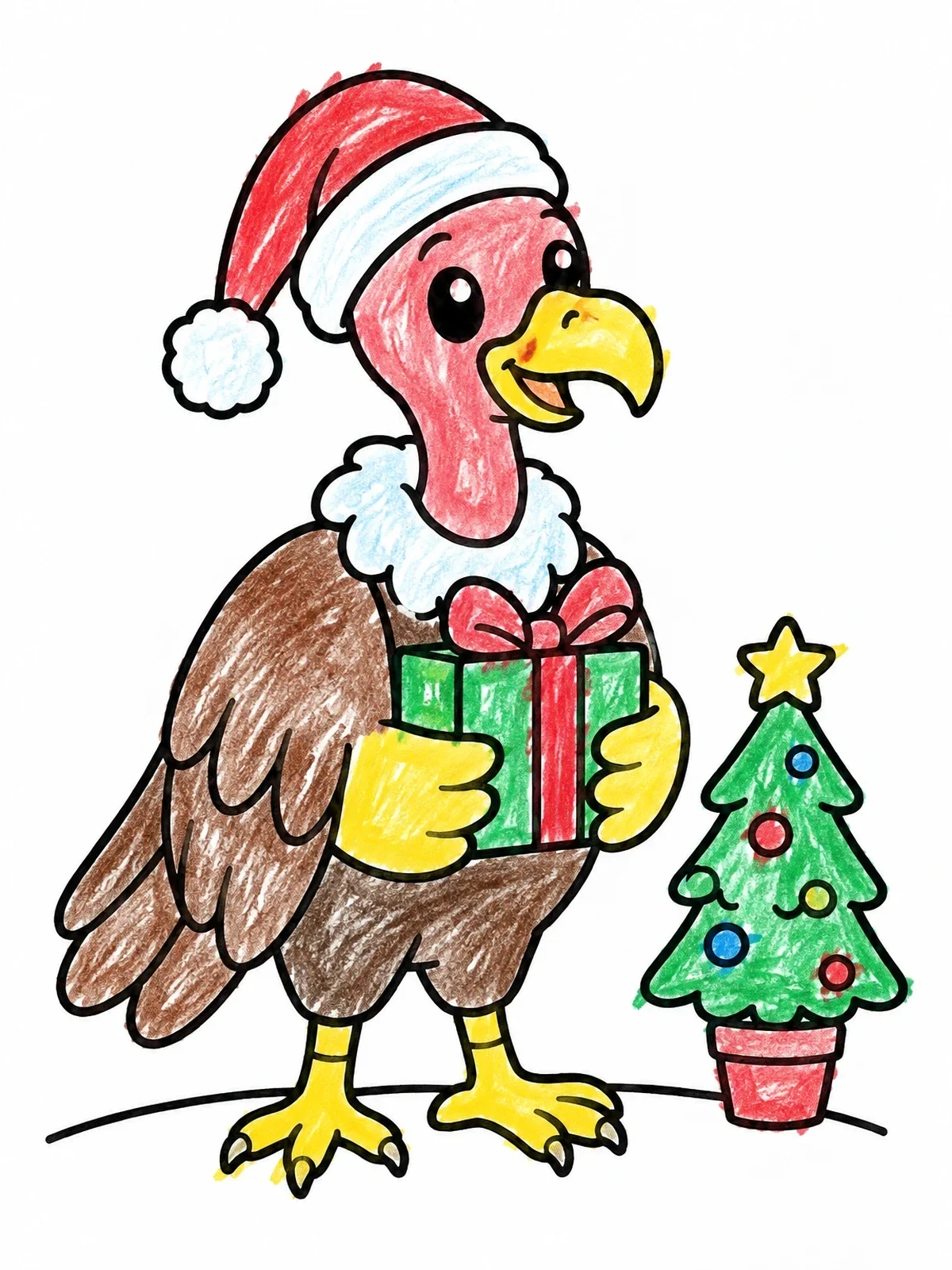 Colored example of the Festive Turkey Vulture With Christmas Gift coloring page