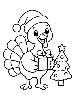 A cheerful turkey coloring page showing a turkey in a Santa hat holding a gift by a tree.