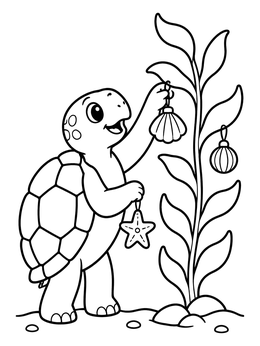 A cute christmas turtle coloring page showing a tortoise hanging ornaments on a kelp plant underwater.