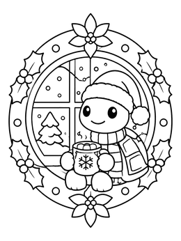 A cute christmas turtle coloring page with Santa hat holding hot cocoa by a window.