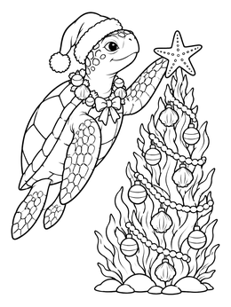 A cheerful christmas turtle coloring page with a Santa hat placing a starfish on a decorated seaweed tree.