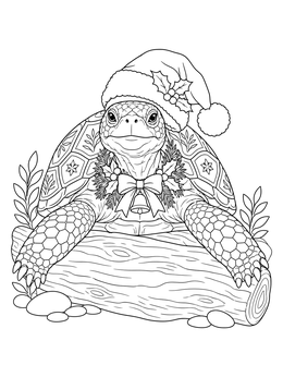 A detailed christmas turtle coloring page showing a tortoise in a Santa hat resting on a log.