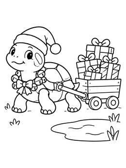 Free printable Festive Turtle Pulling Gift Wagon coloring page