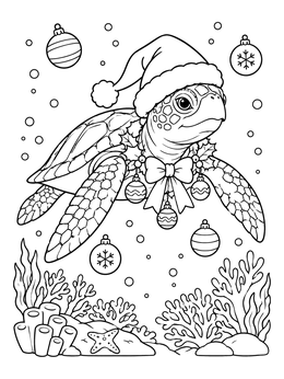 A cheerful christmas turtle coloring page with a Santa hat swimming above coral reefs and ornaments.