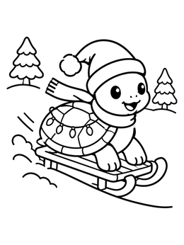 Free printable Cute Turtle Sledding In Winter coloring page