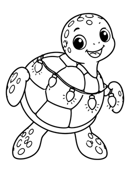 A cute cartoon christmas turtle coloring page wrapped in festive lights.