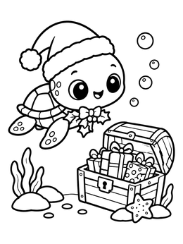 Free printable Christmas Turtle With Underwater Treasure coloring page