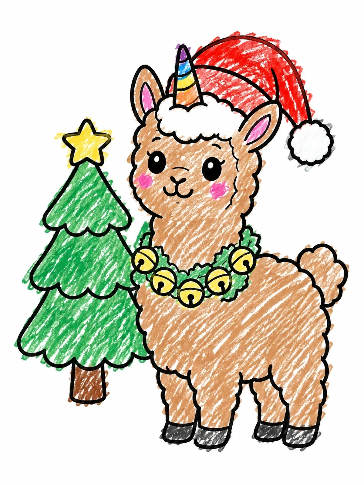 Colored example of the Festive Unicorn Llama By Christmas Tree coloring page