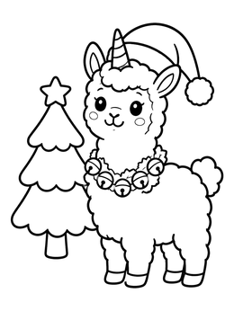 Free printable Festive Unicorn Llama By Christmas Tree coloring page
