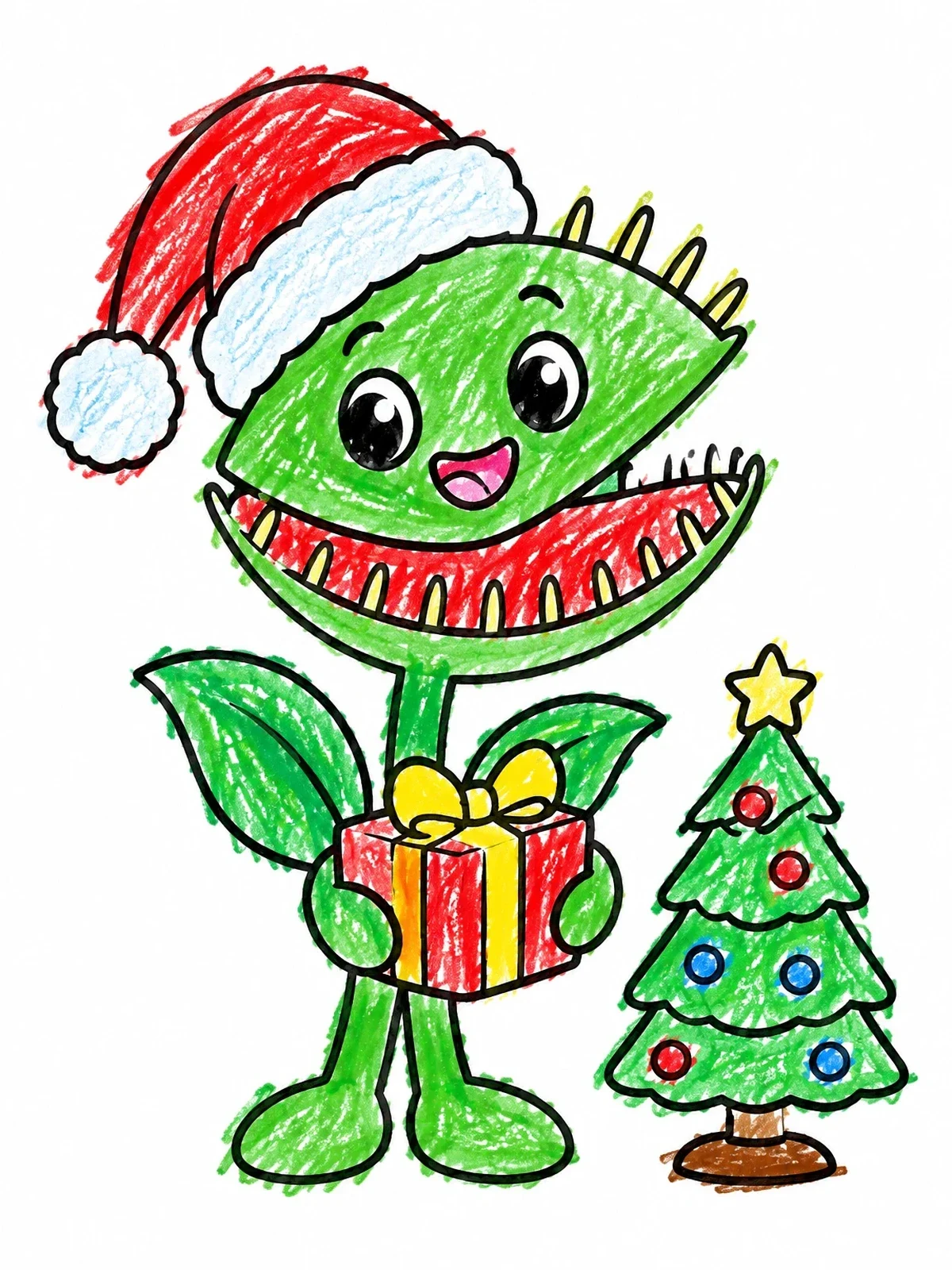 Colored example of the Christmas Venus Flytrap With Gift coloring page