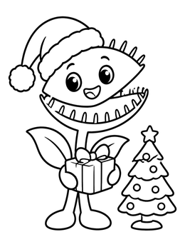 Free printable Christmas Venus Flytrap With Gift coloring page