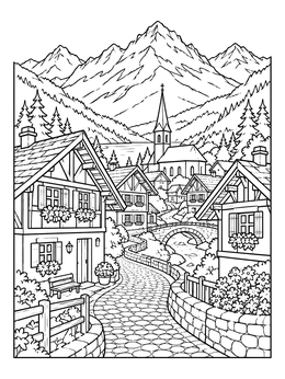 A scenic christmas village coloring page with timbered houses, a stone bridge, and majestic alpine peaks.