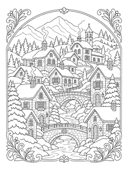 Snowy mountain town scene in a detailed christmas village coloring page with stone cottages and bridges.