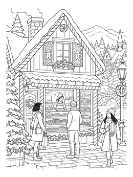 A cozy holiday shop display in this detailed christmas village coloring page.
