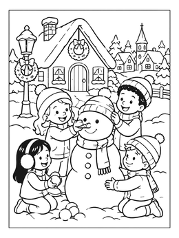 Free printable Children Building A Village Snowman coloring page