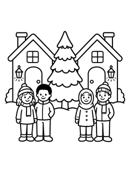 Free printable Children In Winter Village coloring page
