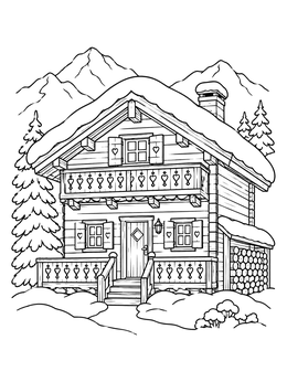 A snowy alpine wooden cabin featured in this detailed christmas village coloring page.