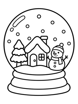 Free printable Cozy Snow Globe Winter Village coloring page
