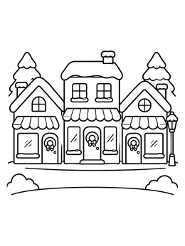 Free printable Cozy Snowy Village Shops coloring page