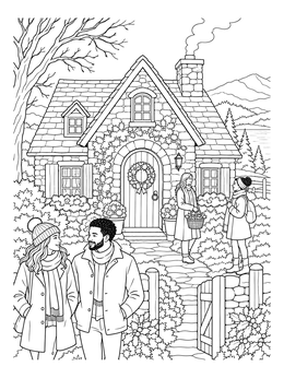 A festive stone house and people walking outside in a christmas village coloring page.